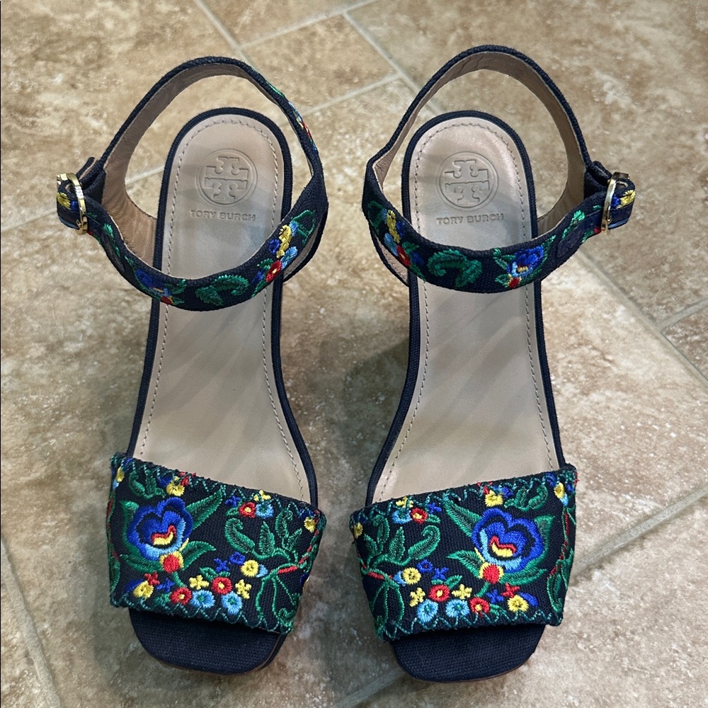 Tory Burch Navy Floral Embroidered Sandals